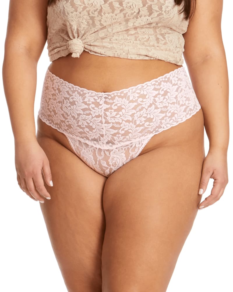 Front of a model wearing a size one-size-fits-all RETRO LACE PLUS THONG in BLIS-BLISS PINK by Hanky Panky. | dia_product_style_image_id:272444